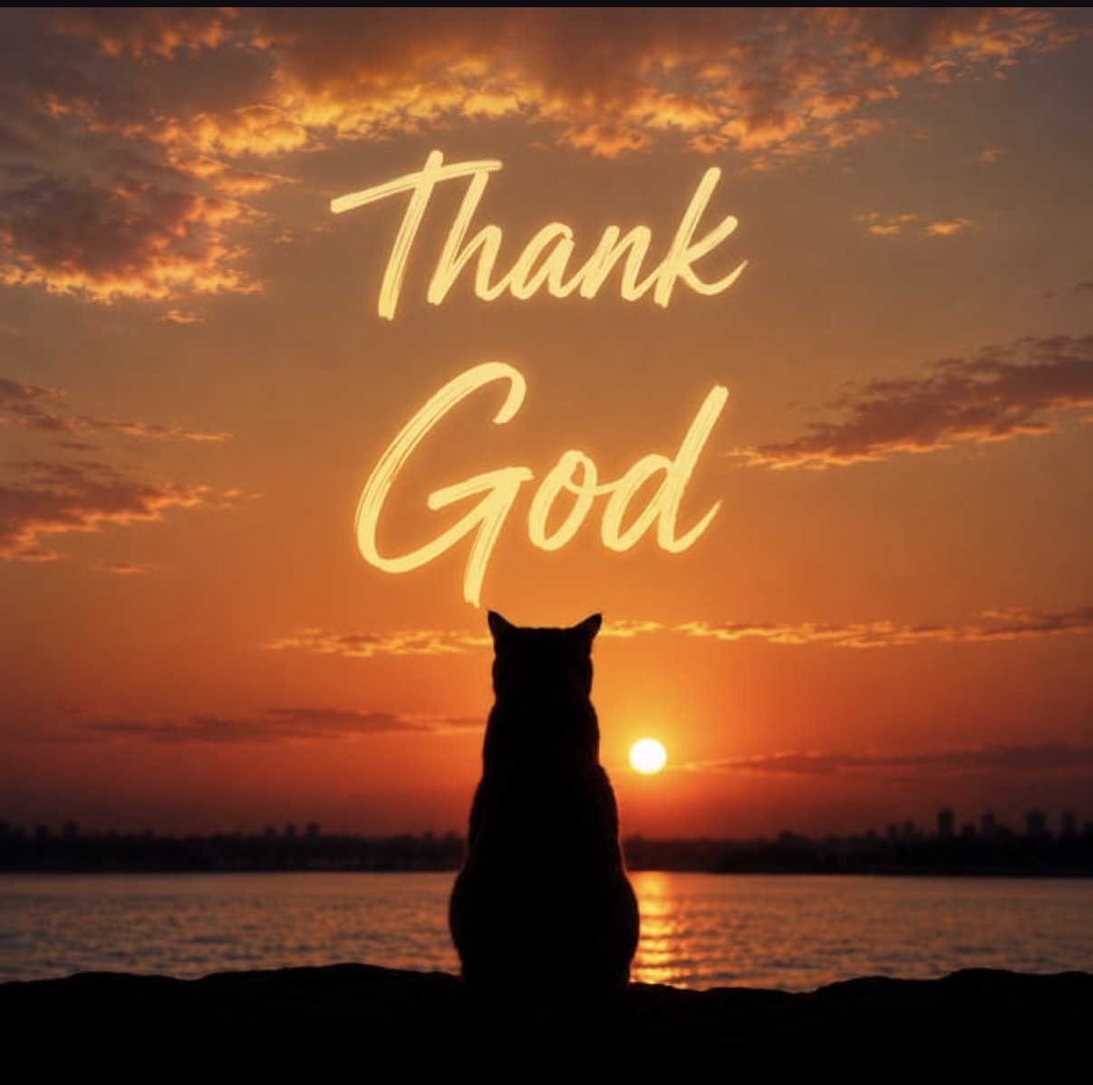 Cat silhouette watching a golden sunset over water with the words Thank God